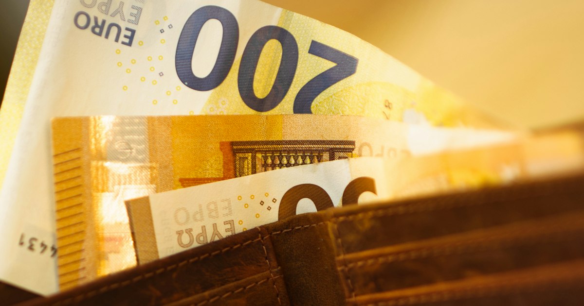 Eurobiljetten in een bruine leren portemonnee